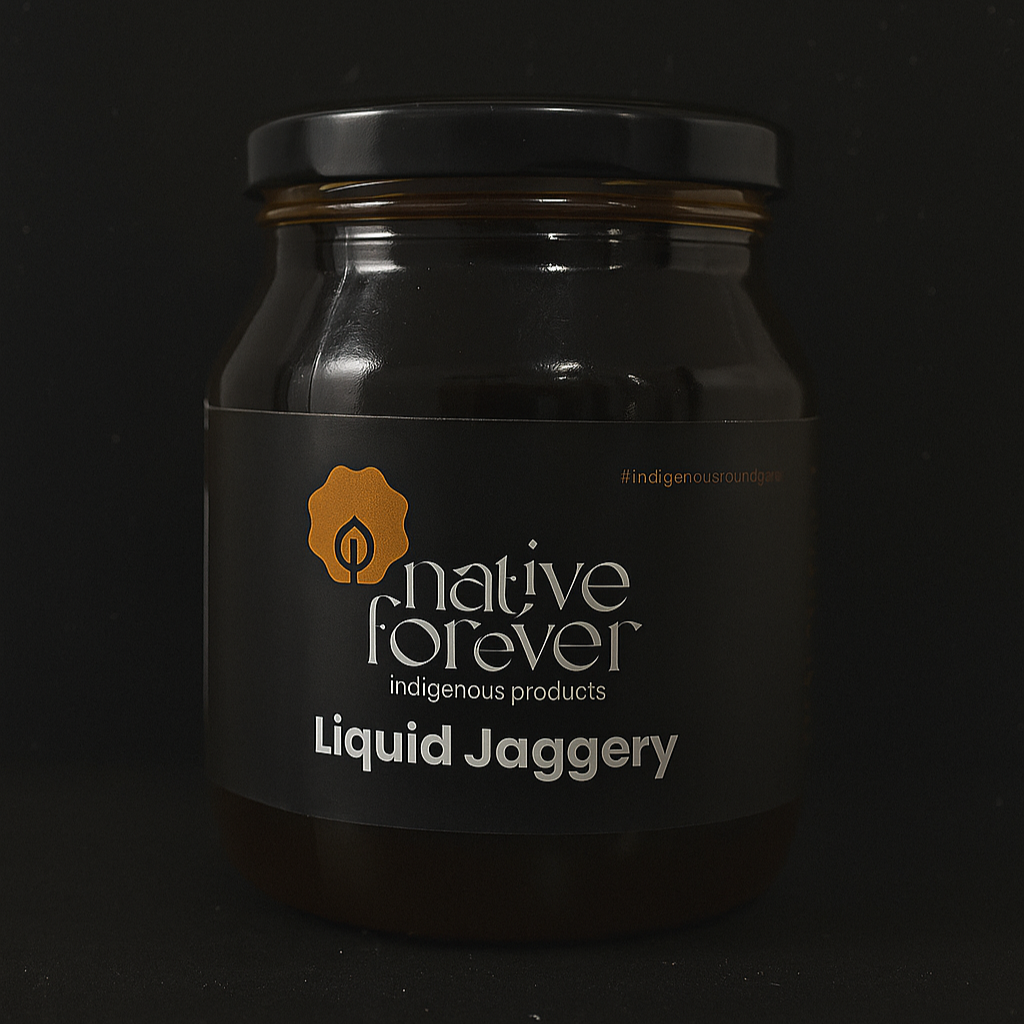 Jar of 'Liquid Jaggery' by 'native forever' on a black background