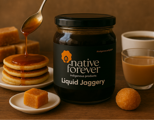 Jar of Native Forever Liquid Jaggery with pancakes, coffee, and jaggery pieces on a wooden surface.