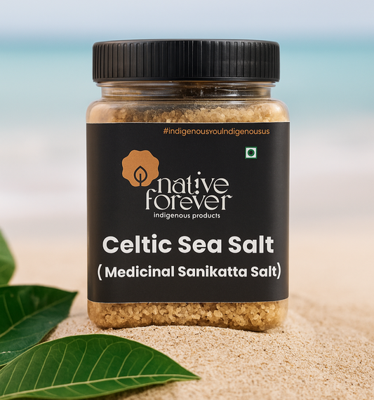 Jar of Celtic Sea Salt with 'Native Forever' label on a sandy background