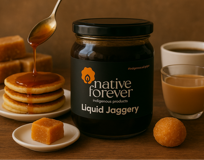 Jar of Native Forever Liquid Jaggery with pancakes, coffee, and jaggery pieces on a wooden surface.